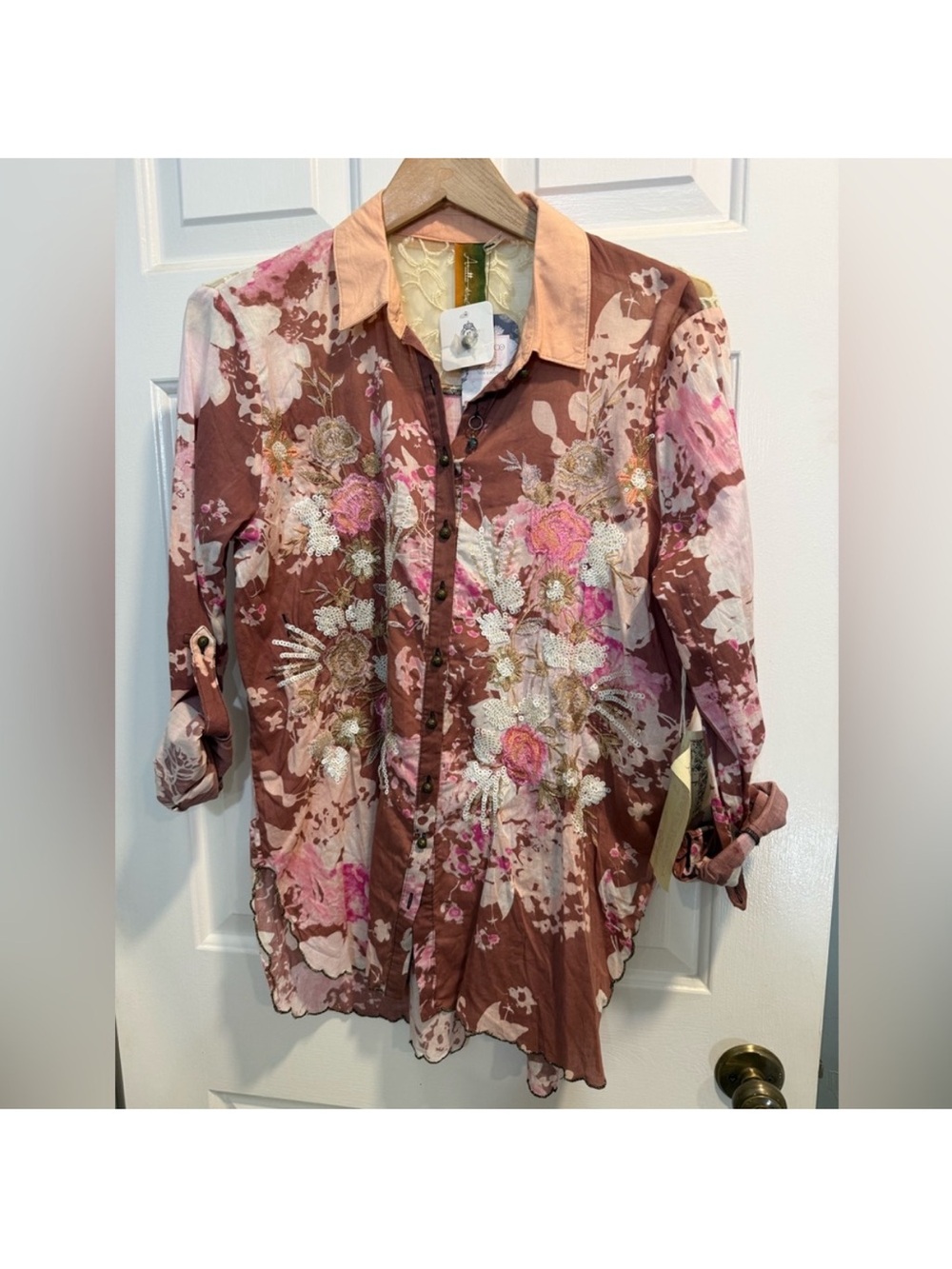 NWT Aratta Silent Journey blouse top Floral Button-Front Dusty Rose Pink XS/S